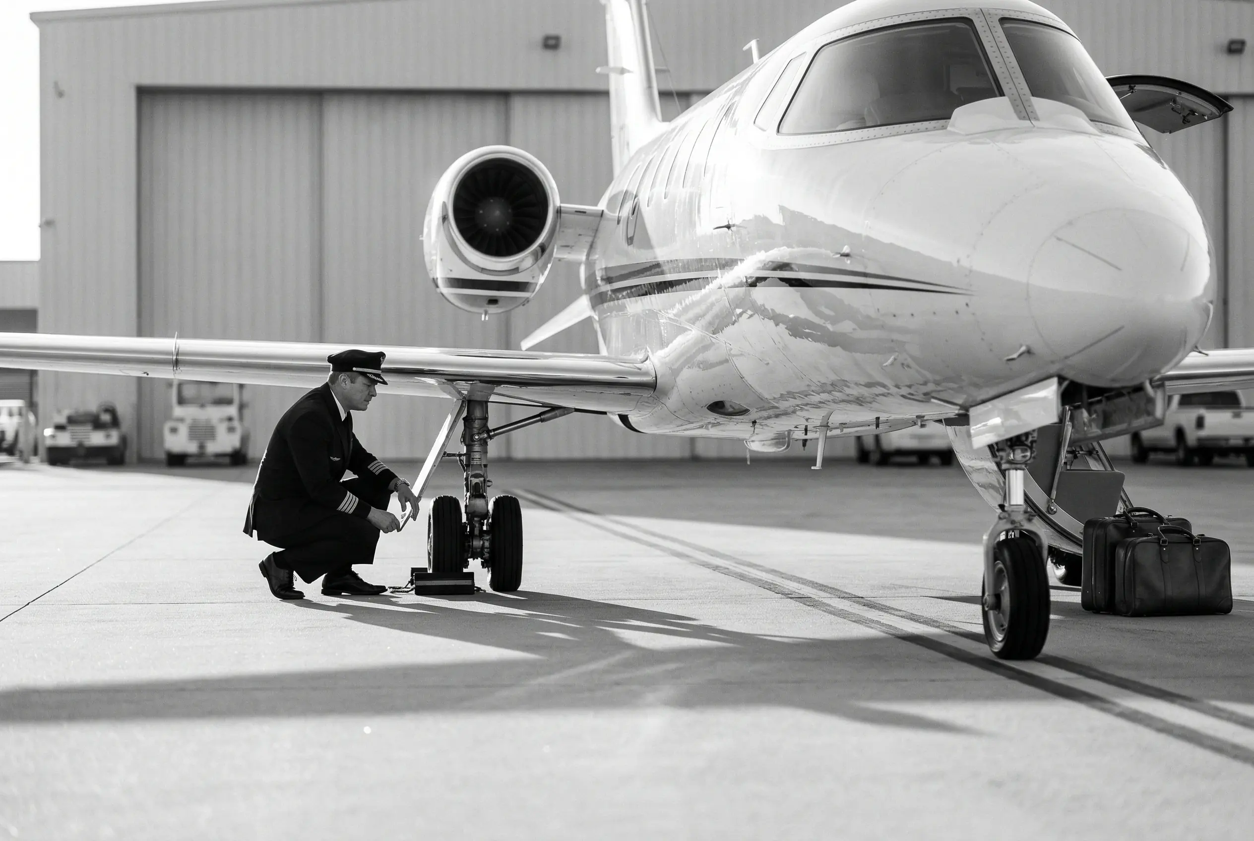 Pilot performing a pre-flight walkaround inspection on a private jet