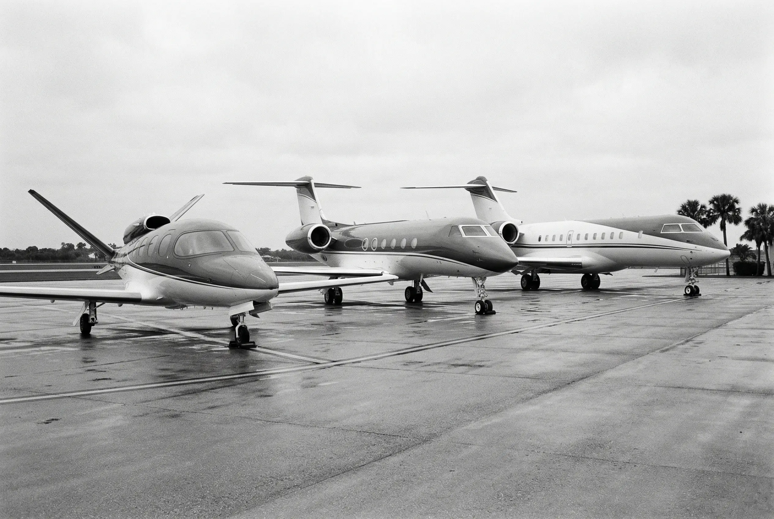 Three charter jets of increasing size parked in formation on the ramp
